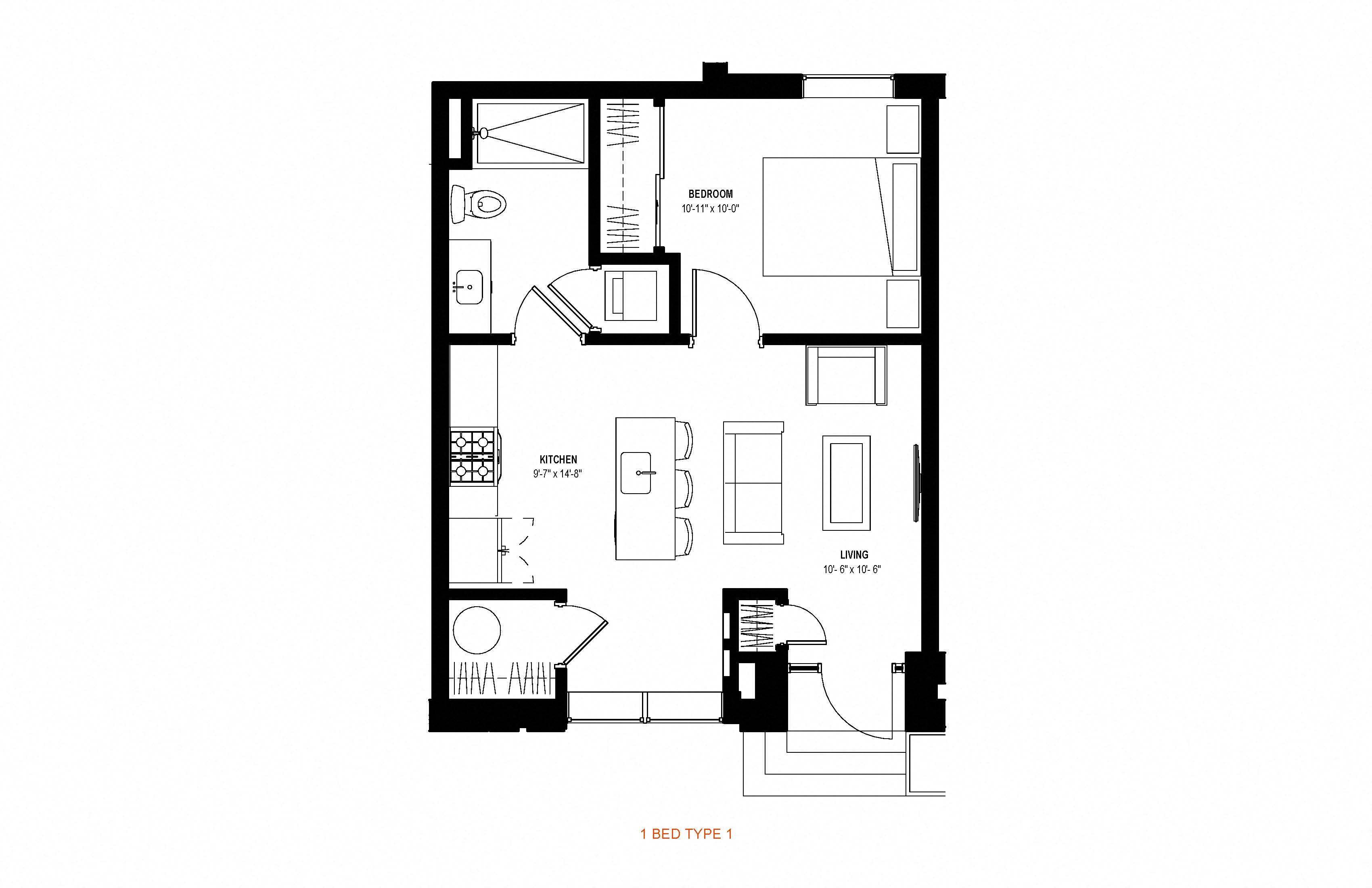 Floor plan for 1 bed, 1 bath, 561 sqft